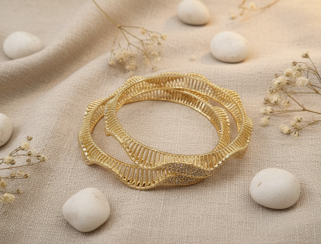 Elegant Wavy Texture Gold-Plated Bangle Pair