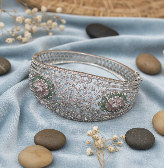 Floral American Diamond Gemstone Openwork Cuff Bracelet
