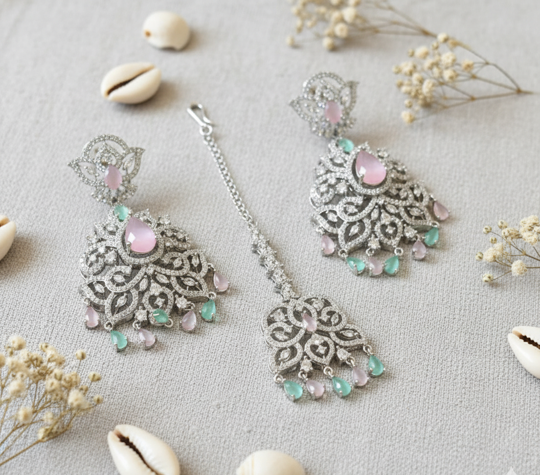 Multi-Zircon & Silver Plated Indian Maang Tikka and Earrings Set