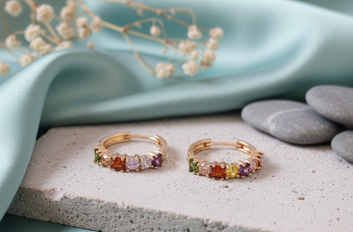 Dazzling Rainbow Gemstone Gold-Plated Huggie Hoops