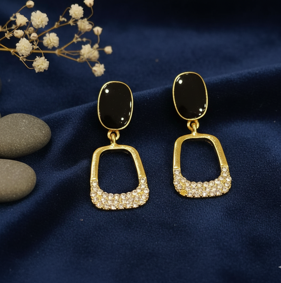 Elegant Gold-Plated Drop Earrings with Black Enamel