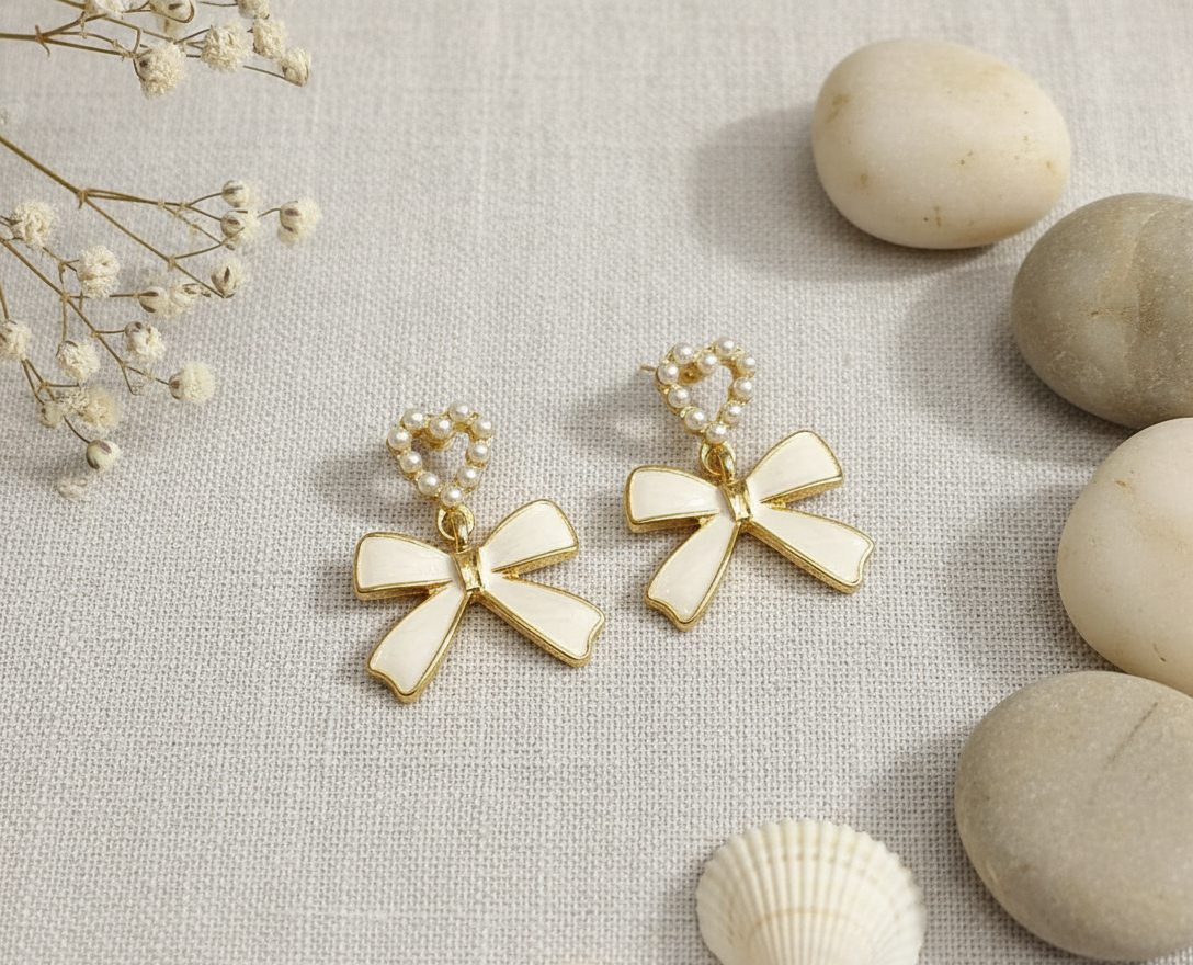 Sweetheart Pearl Bow Drop Earrings