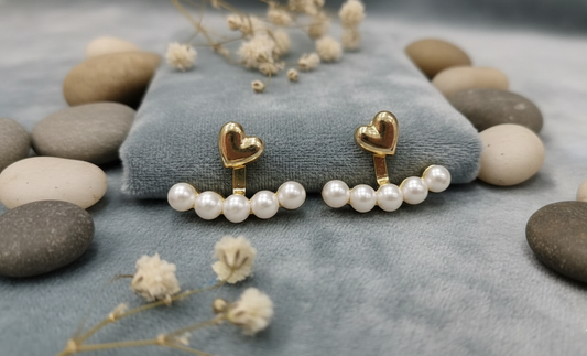 Elegant Gold Heart & Pearl Drop Stud Earrings