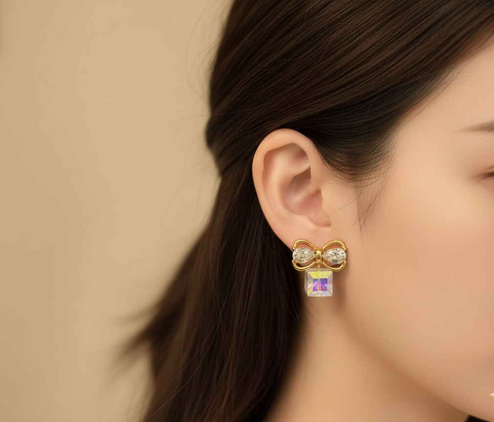 Dazzling Crystal Bow Drop Stud Earrings