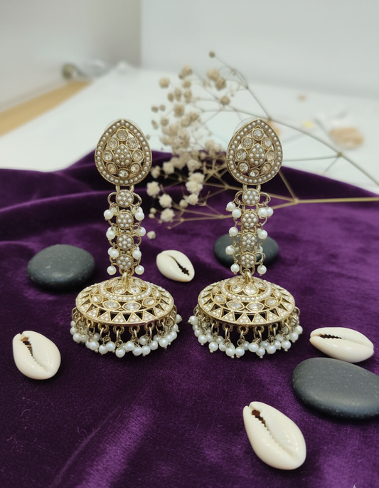 Grand Kundan & Pearl Cascading Jhumka Earrings