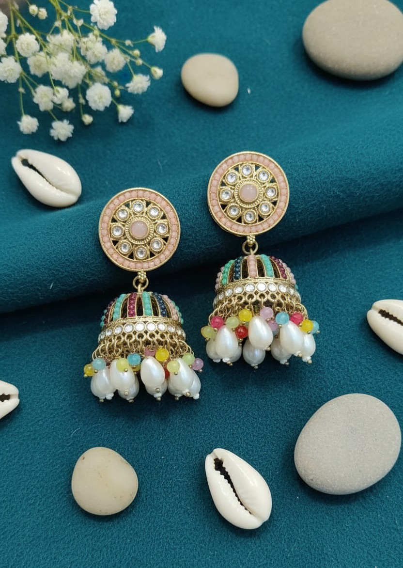 Multi-Color Beaded Kundan Jhumka Earrings
