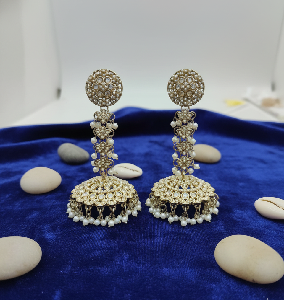 Luxurious Pearl and Kundan Gold-Plated Jhumka Earrings