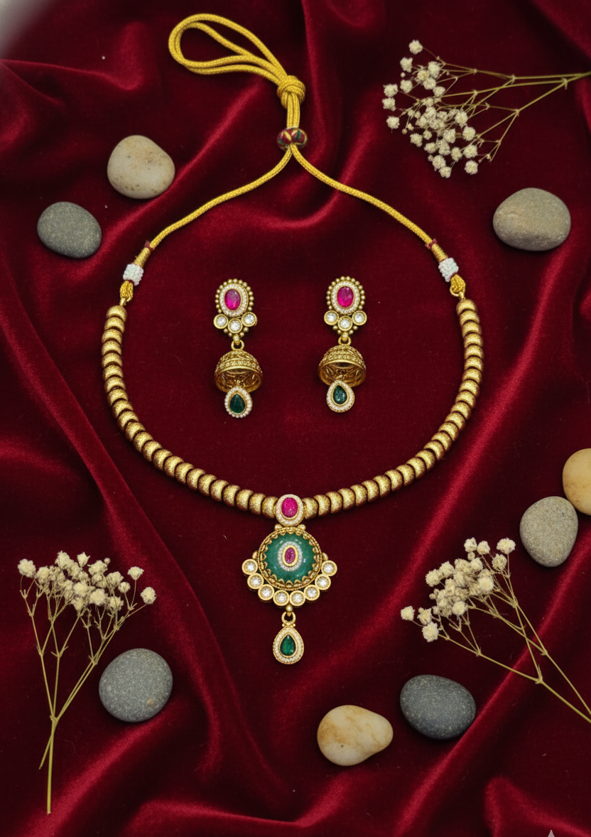 "Emerald Blossom" Choker & Jhumka Set
