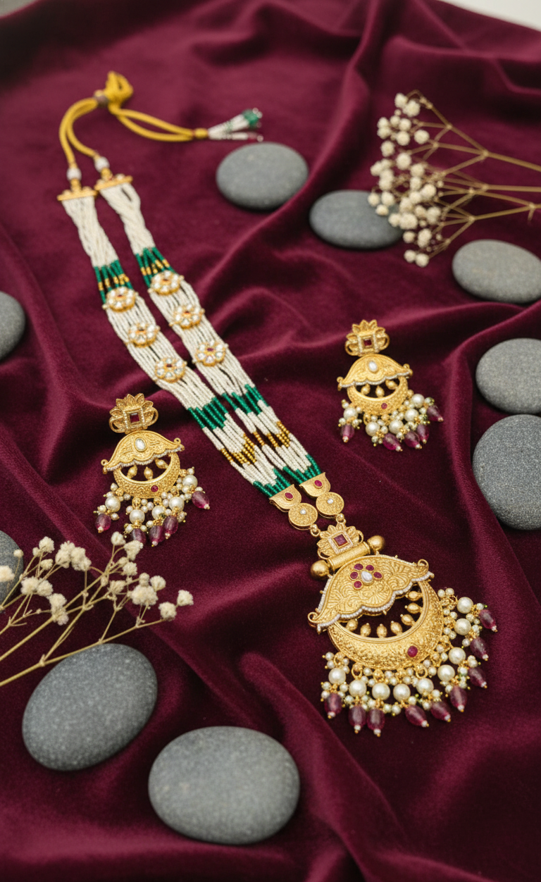 Elegant Ruby & Pearl Beaded Kundan Necklace Set