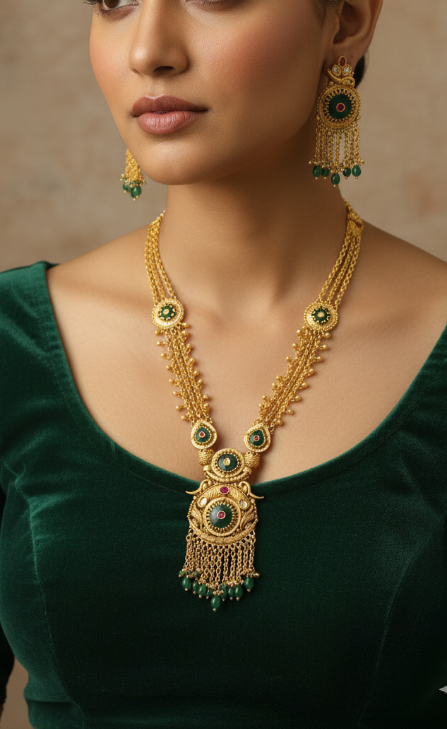 Traditional Emerald & Ruby Gold Plated Haram Necklace Set