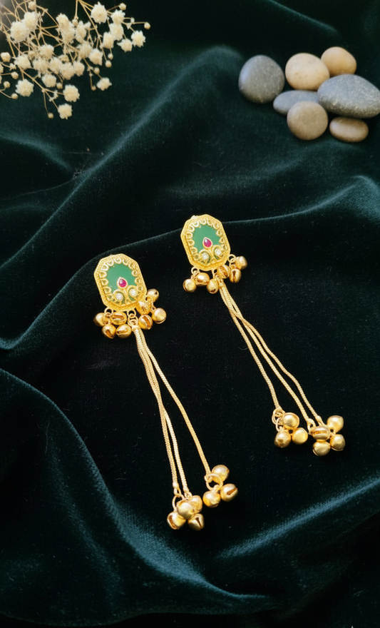 Square Enamel Dangle Earrings with Ghungroo Bells