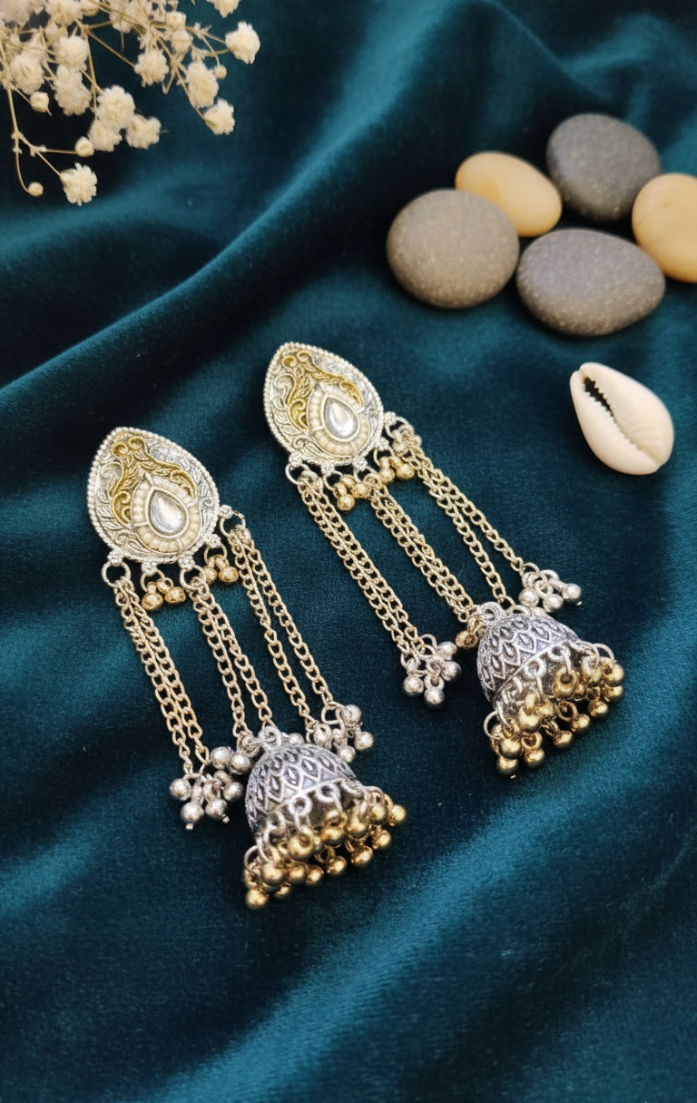 Dual-Tone Jhumka Dangle Earrings with Stone Embellishment