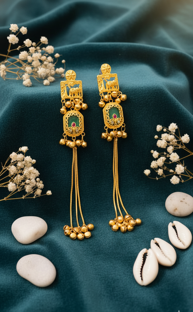 Traditional Square Emerald Earrings with Gold Bell Dangle