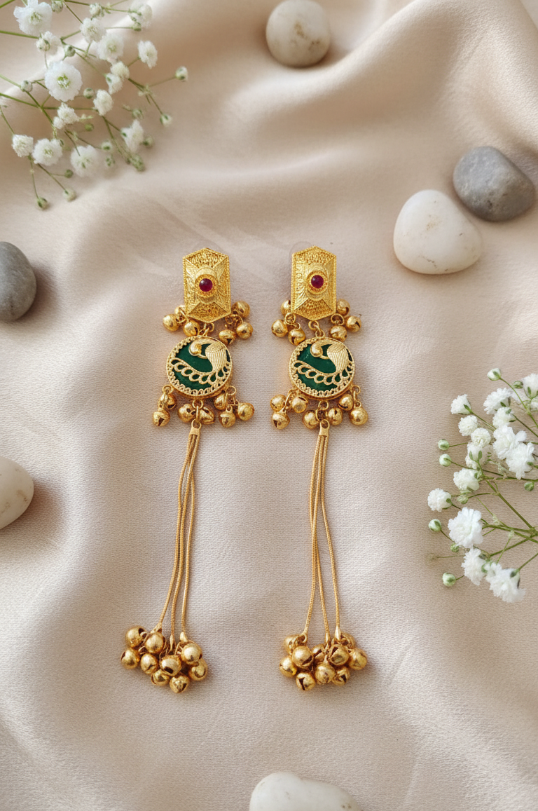 Peacock Dangling Earrings with Ruby Accents and Gold Jhumkas