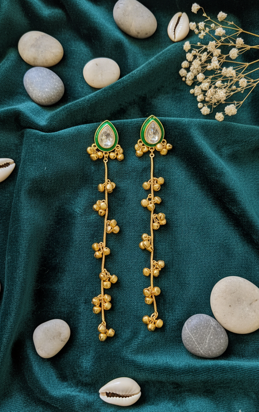 Elegant Teardrop Kundan Earrings with Cascading Gold Bells