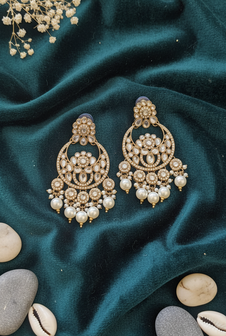 Grand Kundan and Pearl Chandbali Earrings