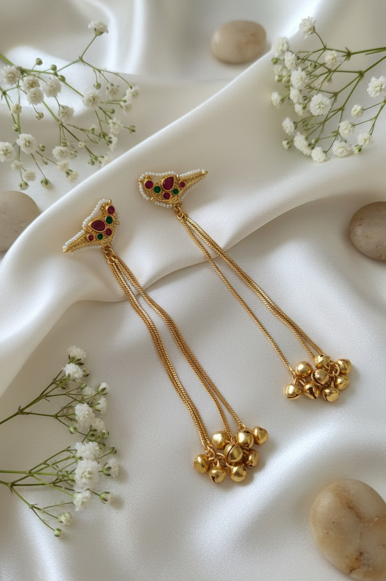 Charming Bird Motif Ear Chains with Gold Bells