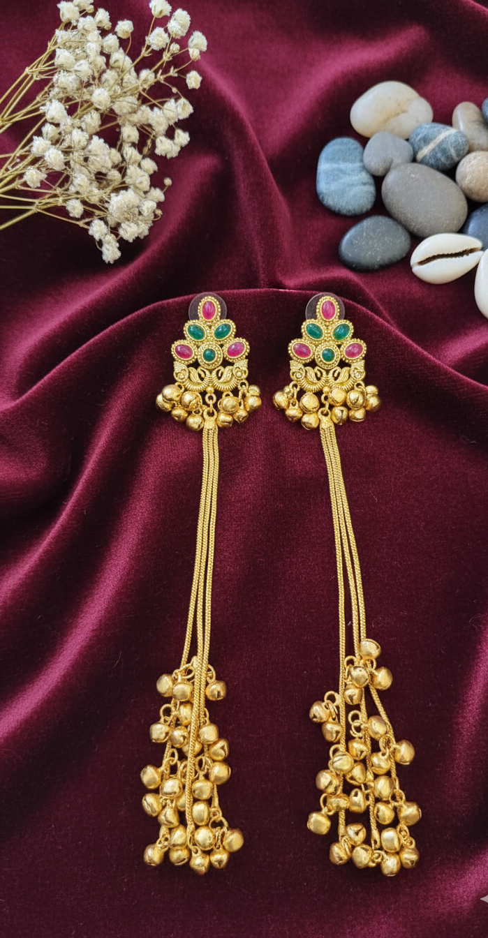 Regal Gold-Toned Jhumki Chain Earrings