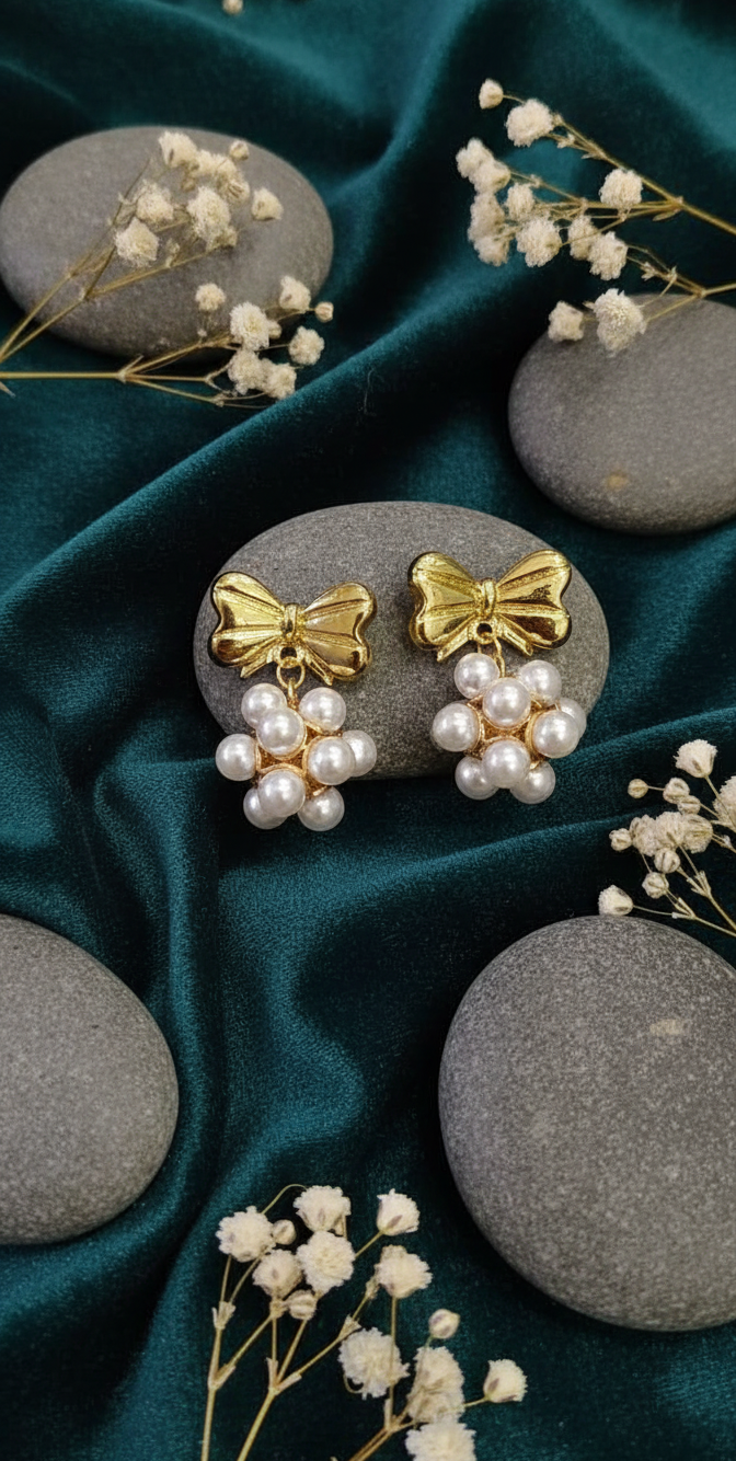 Golden Bow and Pearl Cluster Drop Earrings