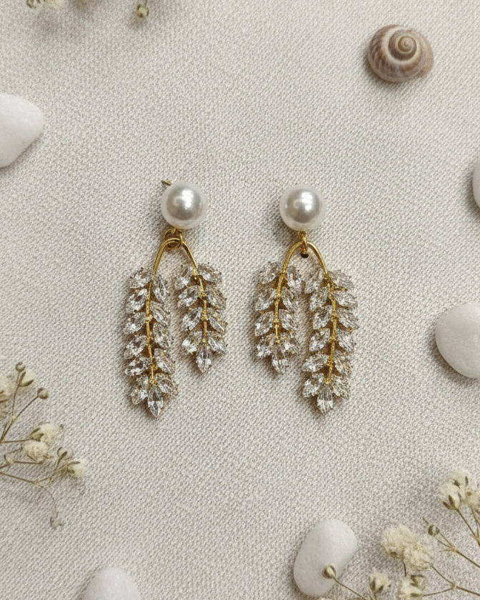 Pearl and Crystal Leaf Drop Earrings
