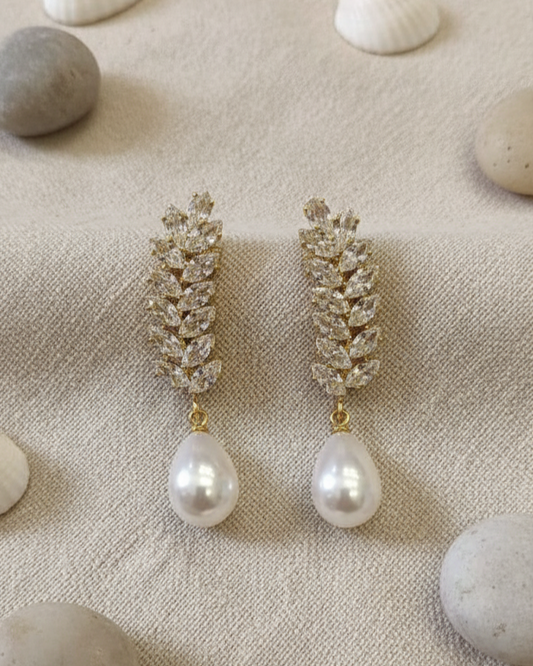 Pearl Drop Leaf Motif Earrings