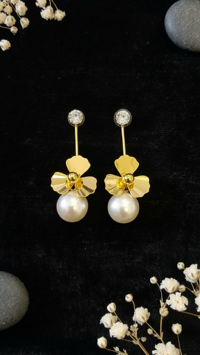Golden Blossom Pearl Drop Earrings