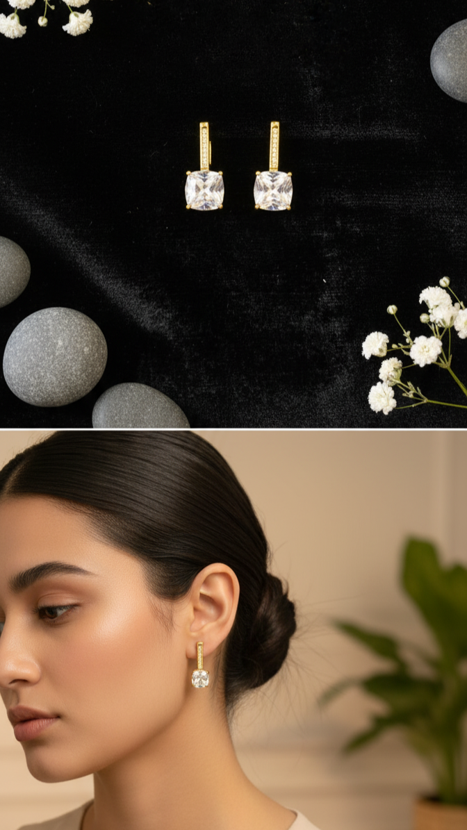 Dazzling Square Solitaire Drop Earrings