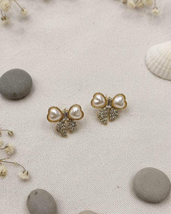 Pearl and Zirconia Bow Stud Earrings
