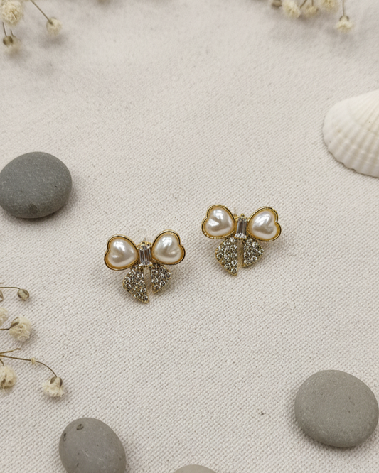 Pearl and Zirconia Bow Stud Earrings