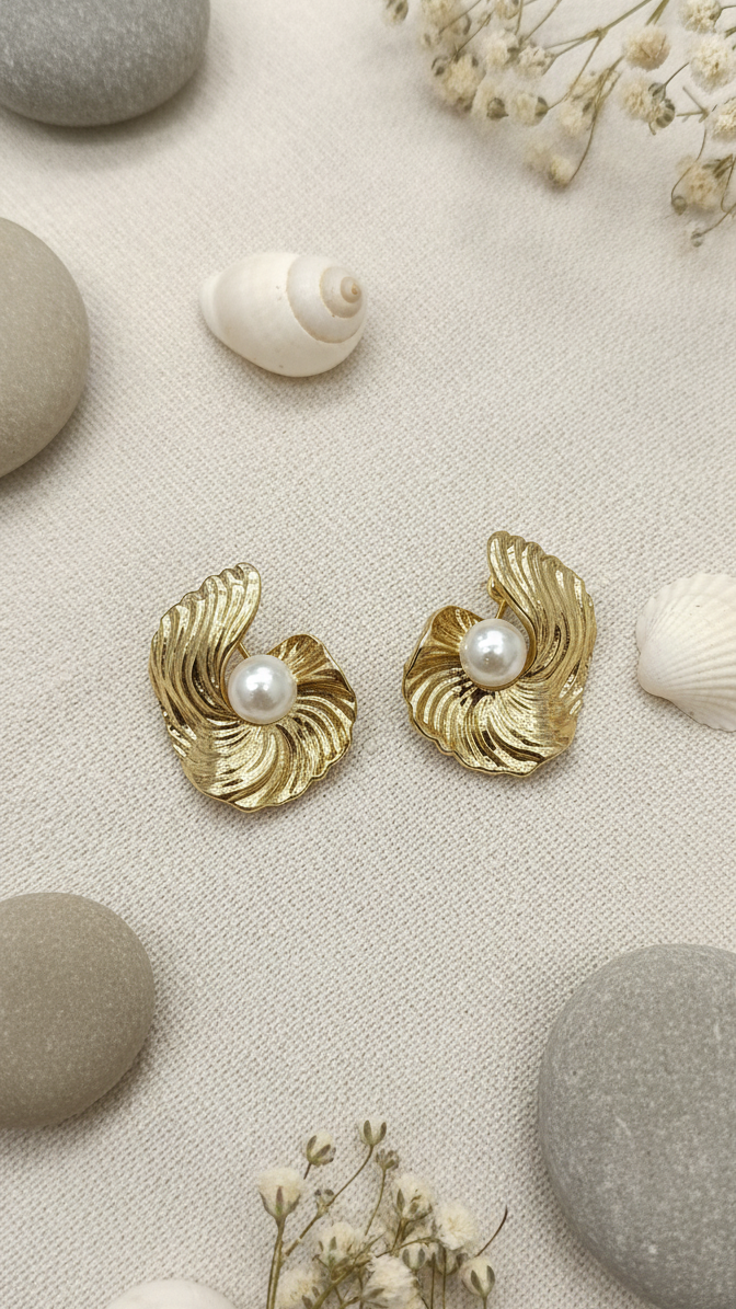 Golden Spiral Shell Stud with Pearl