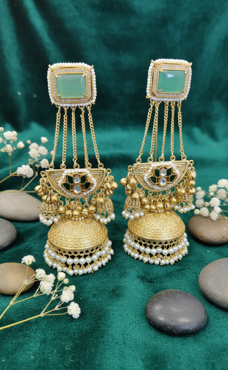 "Emerald Bloom" Kundan Jhumka Earrings