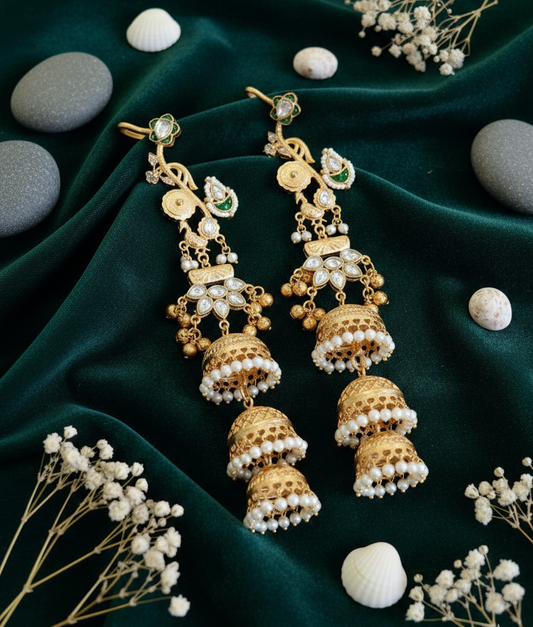 Ornate Gold-Toned Kundan and Pearl Jhumka Earrings