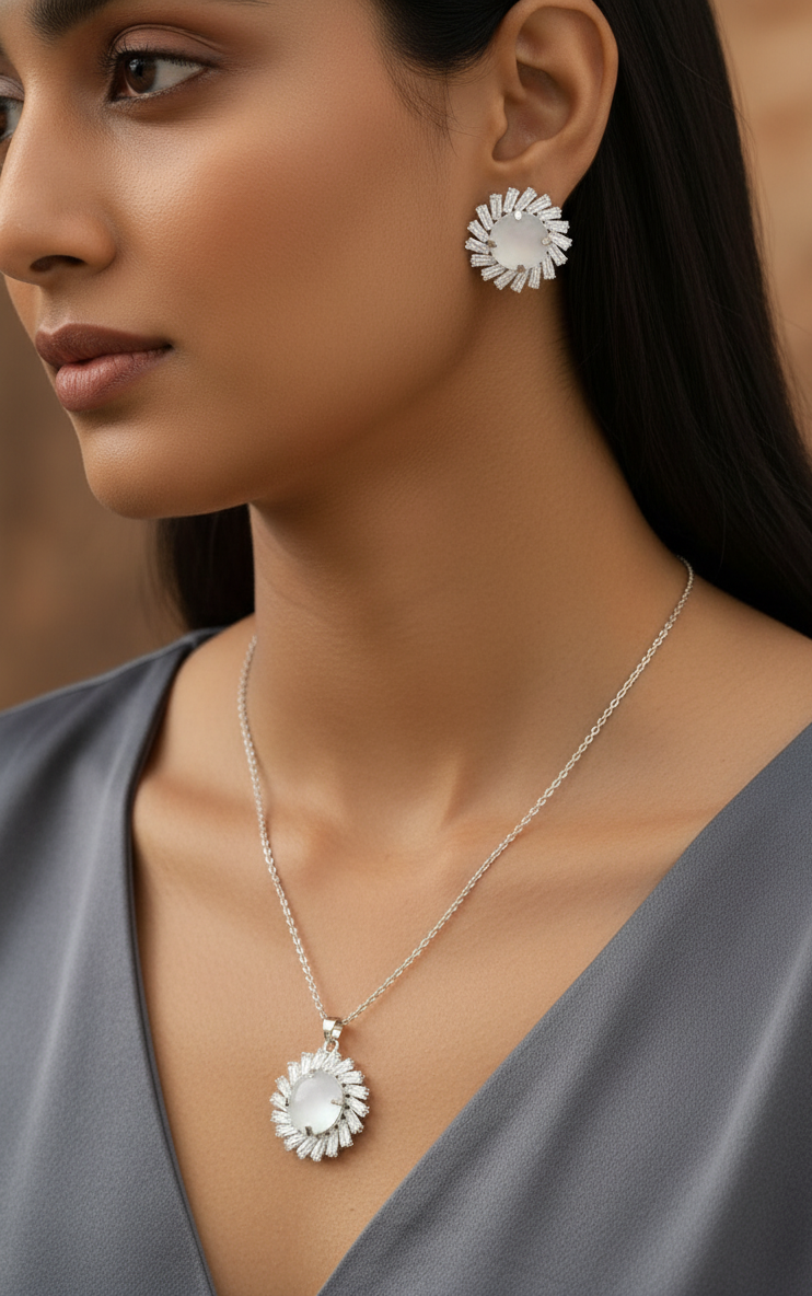 Dazzling Crystal Sunburst Necklace and Earring Set