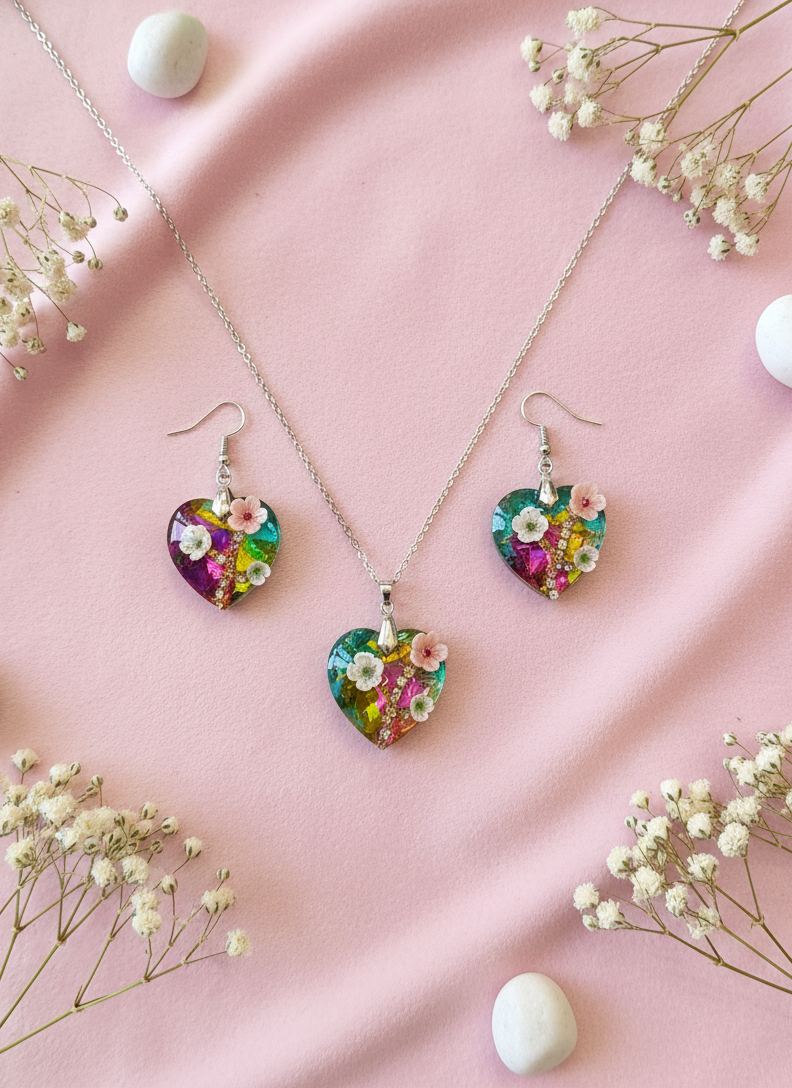 Enchanted Heart Floral Resin Necklace and Earrings Set