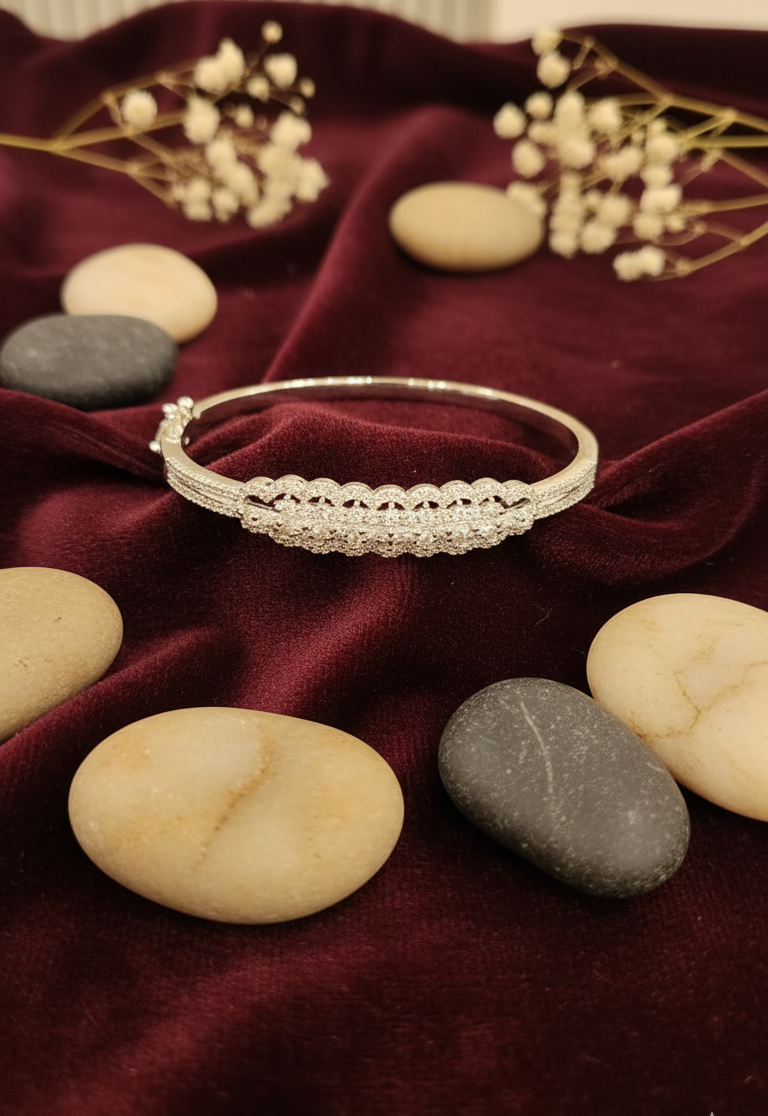 Intricate Silver-Tone Pave Bangle with Scalloped Detail