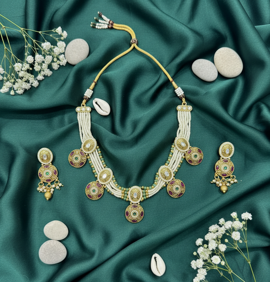 Multi-Strand Pearl and Kundan Medallion Necklace Set