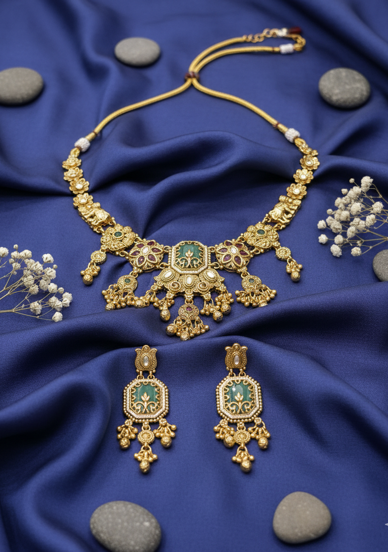 Emerald Grandeur Gold-Plated Necklace Set