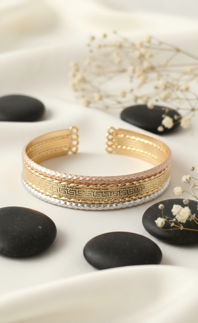 Elegant Tri-Tone Textured Cuff Bracelet (Adjustable)