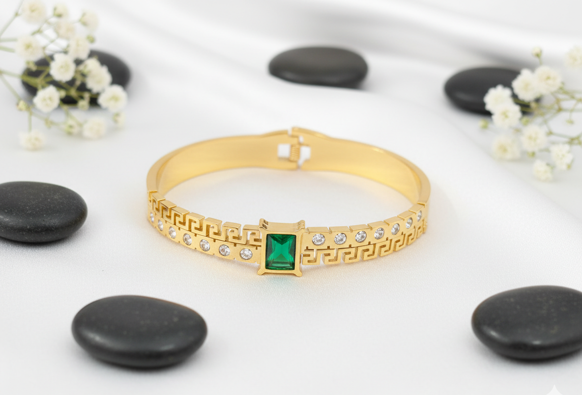 Golden Greek Key Bangle with Emerald-Cut Gemstone