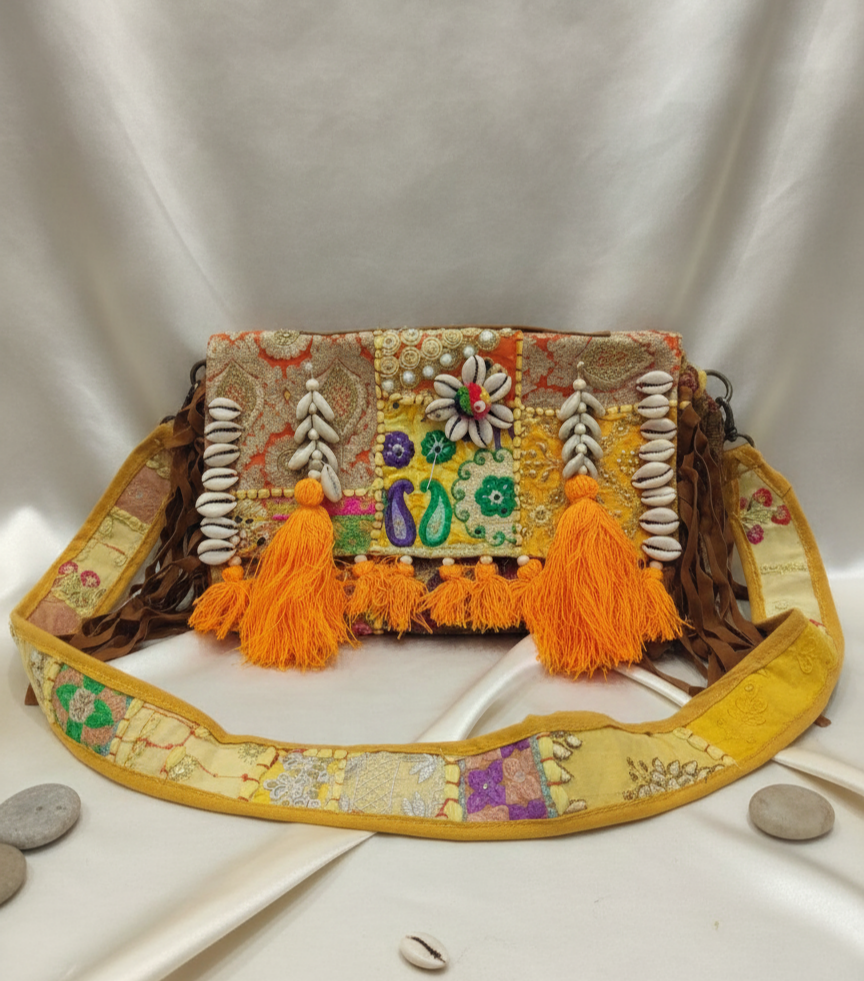 Golden Embroidered Cowrie Shell & Orange Tassel Shoulder Bag