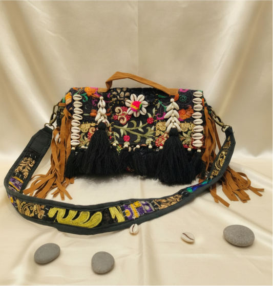 Embroidered Cowrie Shell & Black Tassel Crossbody Bag