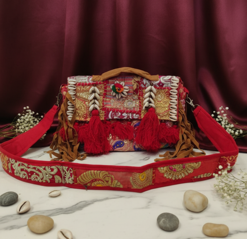 Crimson Boho Sling Bag with Cowrie Shells