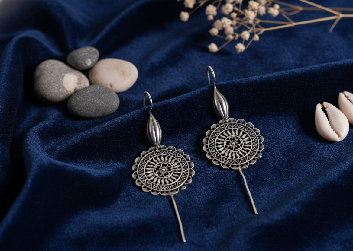 German Silver Mandala-Inspired Filigree Drop Earrings