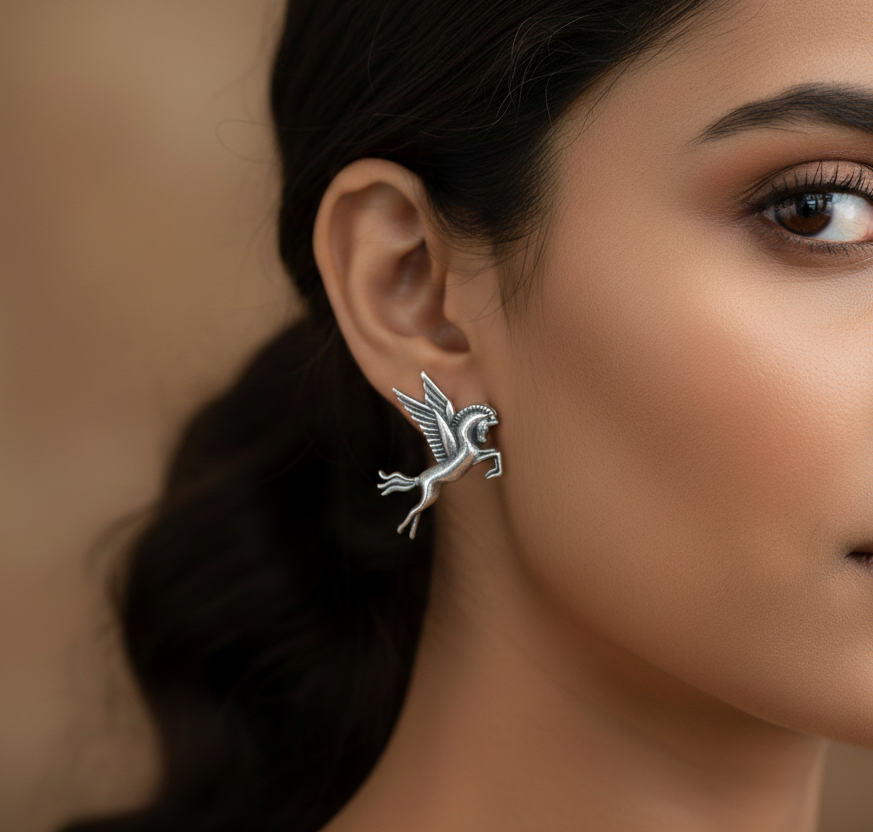 German Silver Pegasus-Inspired Winged Horse Earrings