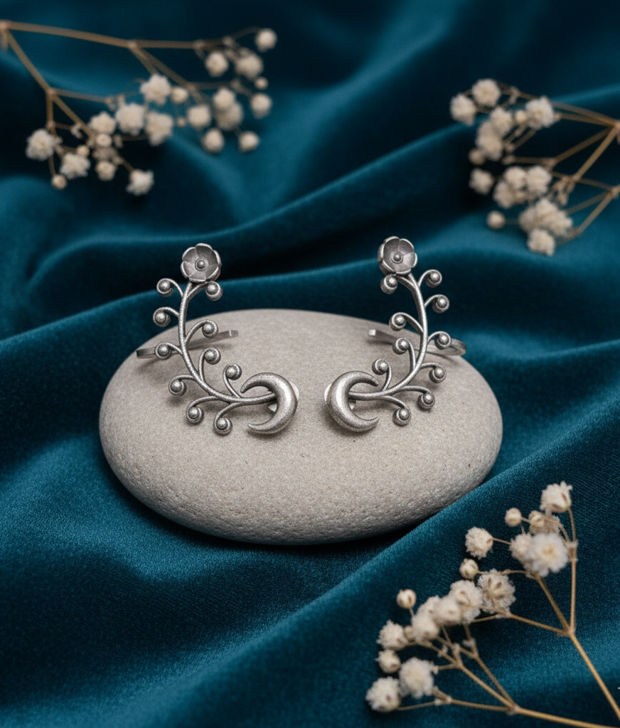 German Silver Floral Vine and Crescent Moon Ear Cuffs