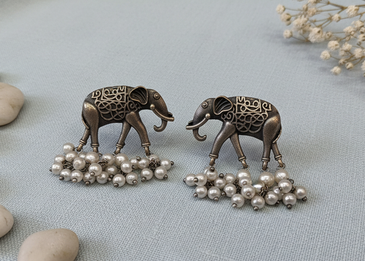 German Silver Elephant Stud Earrings with Pearl Clusters