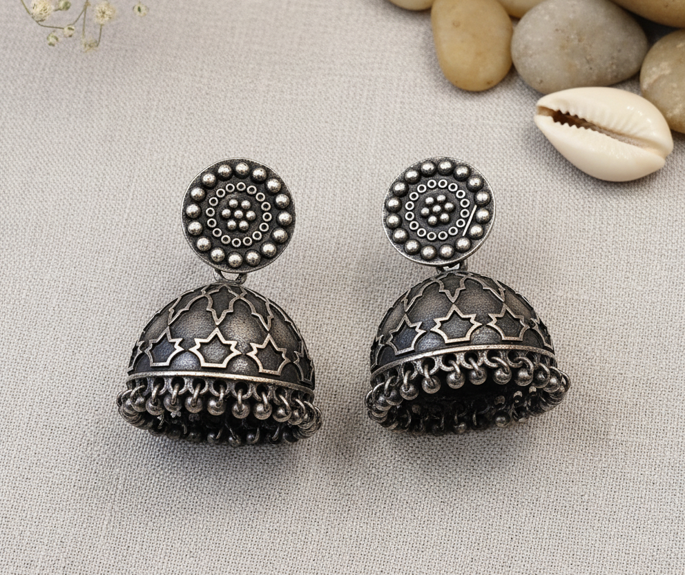 German Silver Jhumka Earrings with Intricate Filigree Design