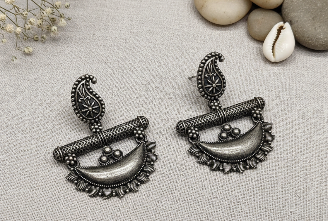 Silver Traditional Drop Earrings with Paisley and Half-Moon Design