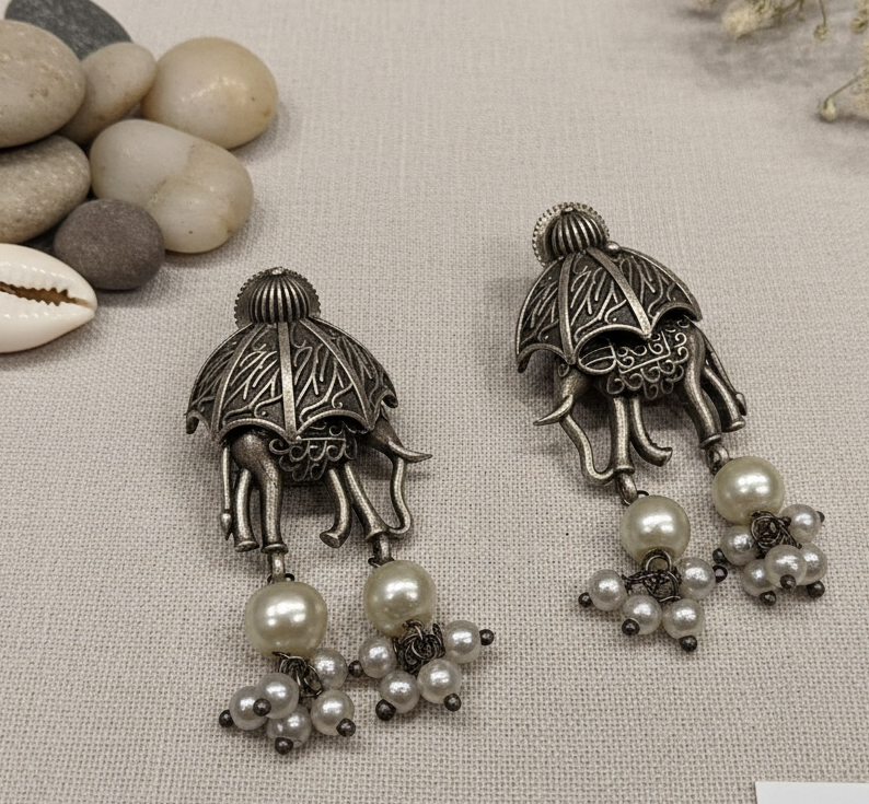 German Silver Elephant and Pearl Cluster Drop Earrings
