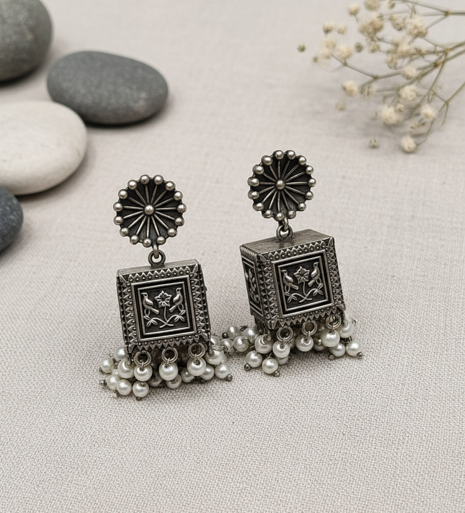 Silver Square Jhumka Earrings with Pearl Dangles